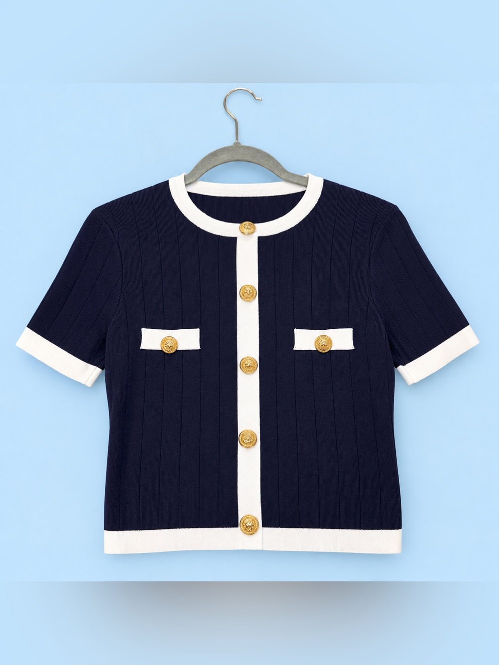 Cider Navy and White Short Sleeve Knit Top with Gold Buttons